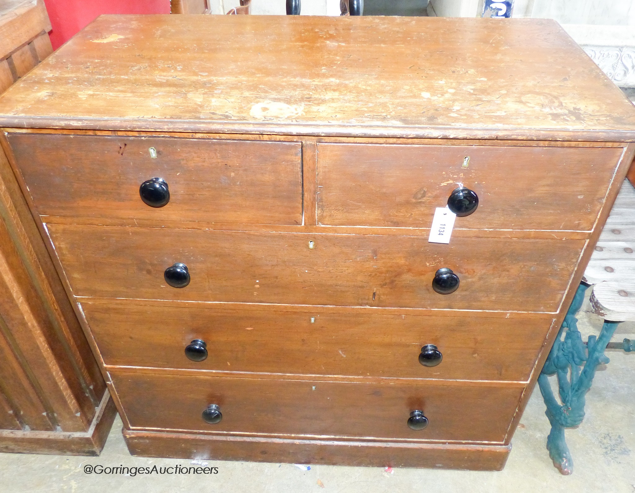 A Victorian scumbled pine chest of drawers, W-105, D-53, H-103cm.